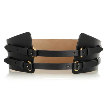 Wide Black Girdle Belt Women, Double Buckle Style Thick Fake Leather Fashion Belt FT-L2599