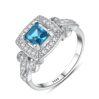 CZCITY Real 925 Sterling Silver Blue Color Topaz Stone Fashion Blue Engagement Ring White Gold Plated