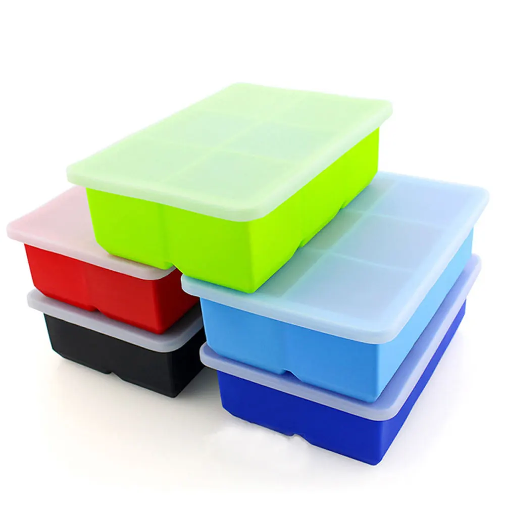 Wholesale Food Grade 6 Cavities Silicone Ice Cube Mold Custom Stackable Durable Silicone Ice Cube Tray with Lid
