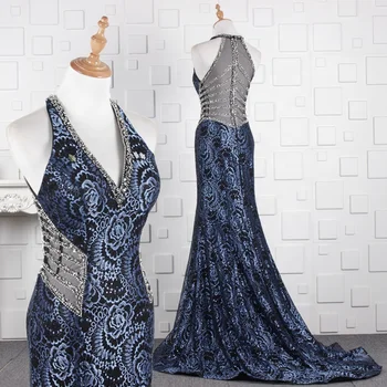 Blue/Black Lace Beaded Halter Neck See Through Back 2019 Casual Dress Evening Gowns Black Fat Women Big Ass in Evening Dresses