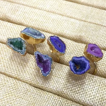 RM930 Double Stone Druzy Geode Agate Ring With Gold Plated,Multi Color Druzy Ring In Adjustable