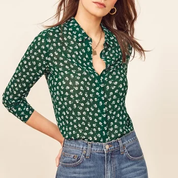 China Hot Sale Summer long Sleeve Flower Printed top Women Daily Wear Satin Blouse 2019