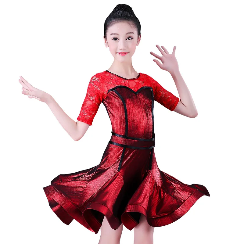 Kids Girls Latin Dance Dress Ballroom Long Sleeves Costume Competition Dancewear 