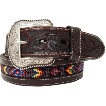 Cowboy style western genuine full grain leather beaded belts for men