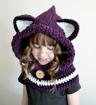 Factory price Fashion design Ky4015 handmade Hoodie Animal Hooded Cowl Scarf Crochet Chunky Crochet Fox Hat scarfs sets
