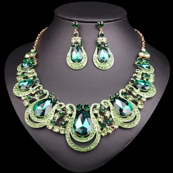 2019 New Wedding Bridal Costume African Indian Jewelry sets Big Rhinestone Colorful Crystal Necklace Stud Earring Set Women