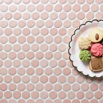 Foshan Nordic 28mm Penny Type Pink Backsplash Ceramic Wall Circular Round Mosaic Tile
