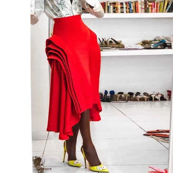Ruffle Red Irregular Pleated Skirt High Waist Zipper Office Skirt Lady