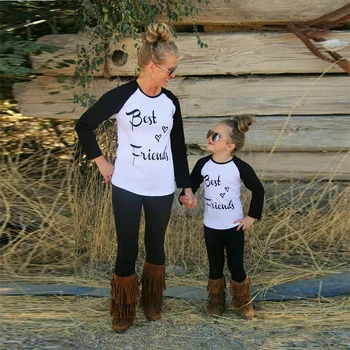 best friends print Autumn Long Sleeve Patchwork Letter Printed Top Mom and daughter matching clothes Mother Son Outfits
