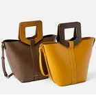 Ladies Hand Bag Women Hand Bags Handbags Custom Smooth Leather Wooden Handle Ladies Hand Bag Women Bucket Handbag
