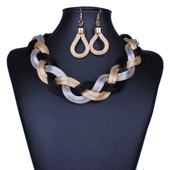 Geometric Statement Jewelry Sets Handmade Metal mesh Braided Twist Collar Chokers Necklaces & Earrings Set