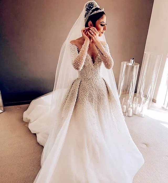 Luxury Pearls Overskirt Wedding Dress 