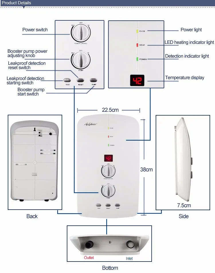 Built-in booster pump electric hot water heater tankless for shower 5