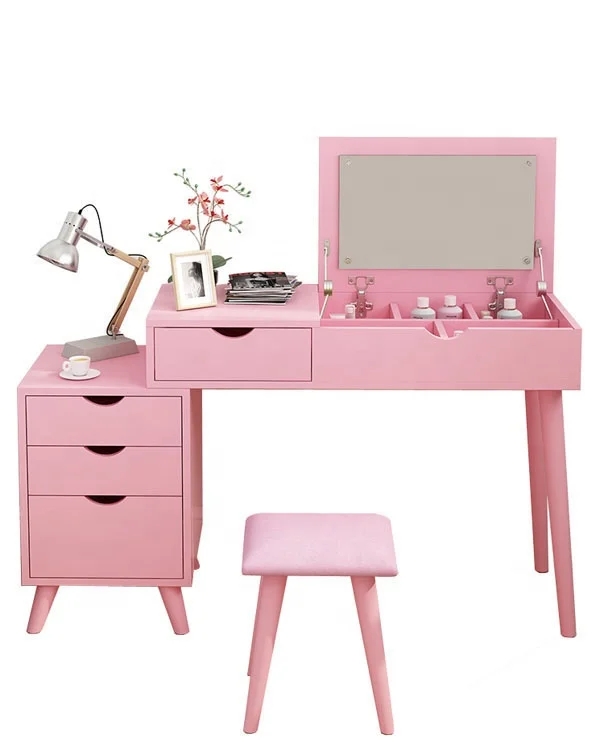 Modern design wood saving space vanity pink LED lights mirror and stool set makeup dressing table furniture for girls bedroom