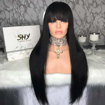 Factory Dropship Virgin Cuticle Aligned Hair Human Hair Lace Front Wigs With Bangs Virgin Straight Remy Hair