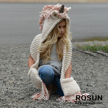 Baby winter warm crochet unicorn manhand knitted hooded scarf