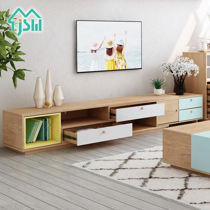 Color Matching Modern Telescopic Storage Living Room Furniture Wood Tv Stand Cabinet With Storage
