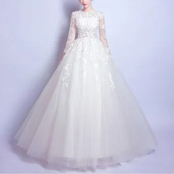 New Plus Size O- Neck Lace Applique Bridal Gown Lace Flowers Fabric Full Sleeve Elegant Wedding Gown