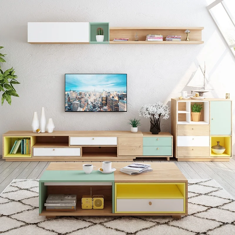 Color Matching Modern Telescopic Storage Living Room Furniture Wood Tv Stand Cabinet With Storage