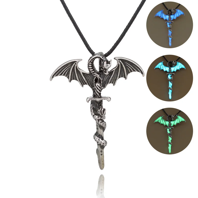 Vintage Glow in the Dark Necklaces Luminous Sword Dragon Pendant Chain SA