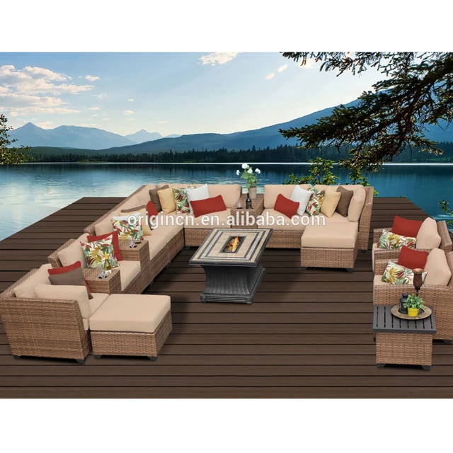 classic garden large sofa set with rectangular fire pit and chaise lounge design well used wicker furniture