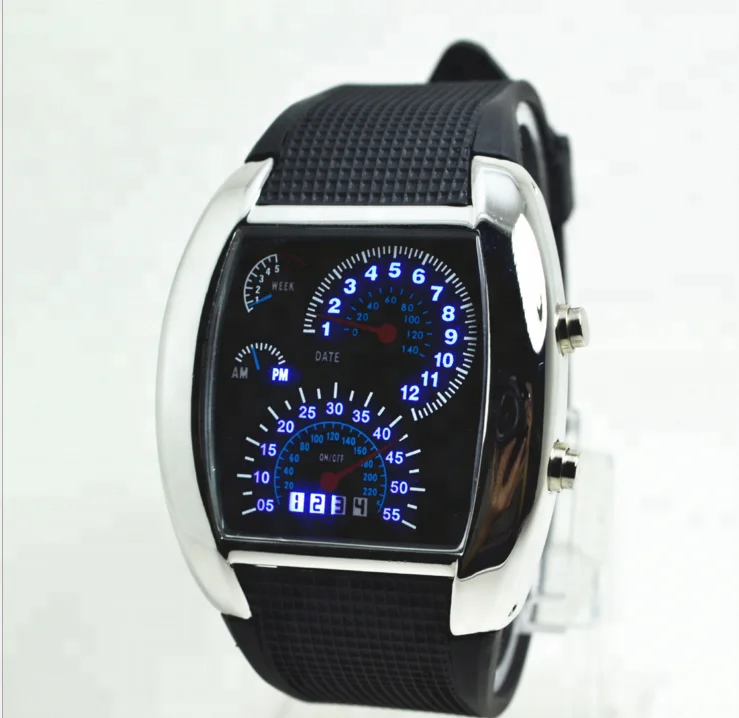 Aviation style Turbo Dial Flash LED Watch Custom Car Meter Sports Watches For Men Digital