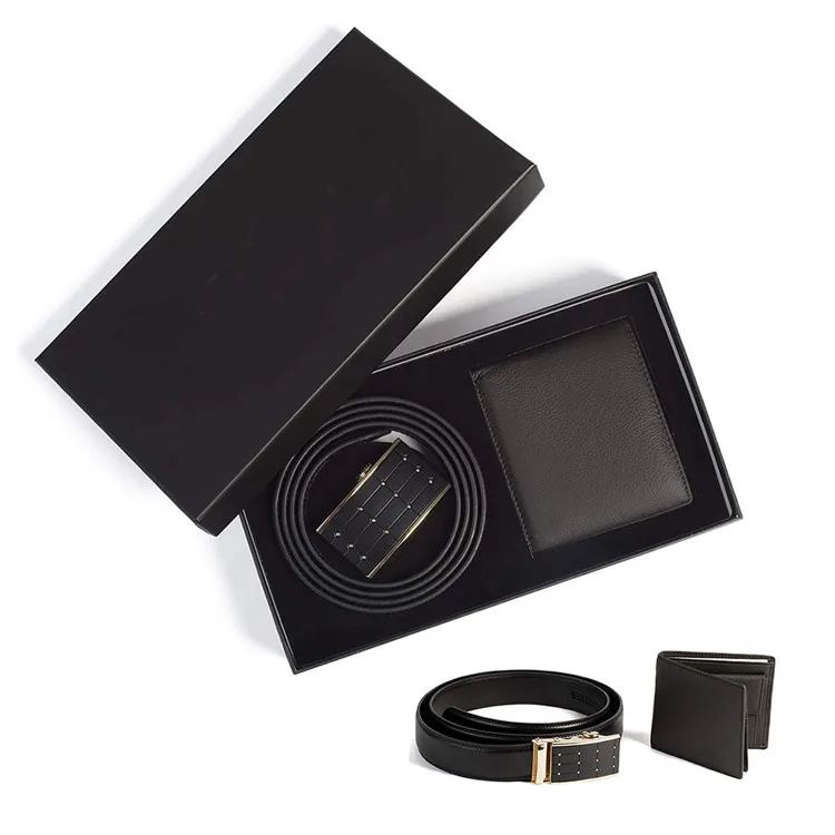 Custom Wholesale OEM Personalized Luxurious Men's Genuine Leather Ratcheting Black Wallet Belt Gift Set