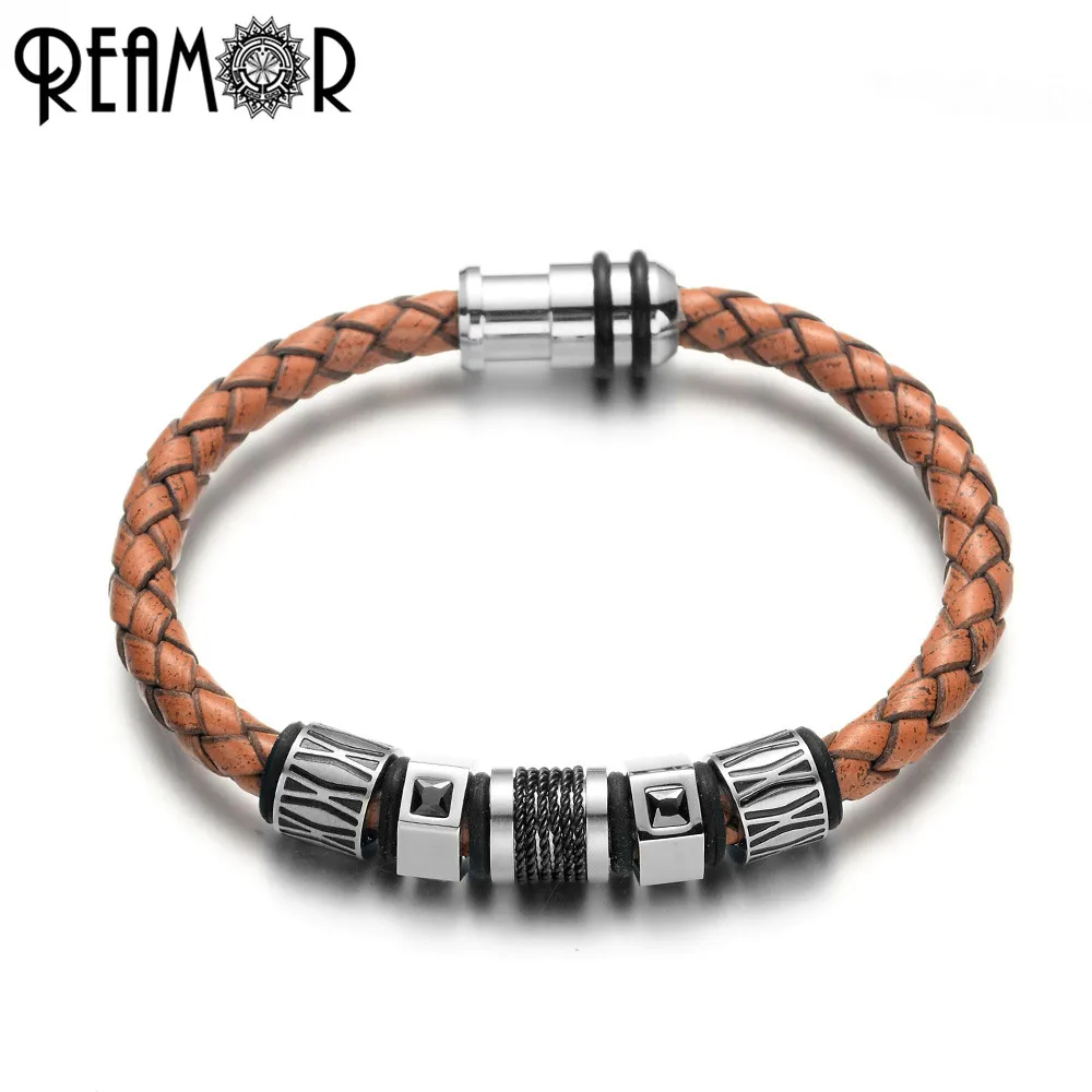 REAMOR 316l Stainless Steel Polishing/Frosted Cylinder Beads Genuine Leather Bracelets with Adjustable Chain