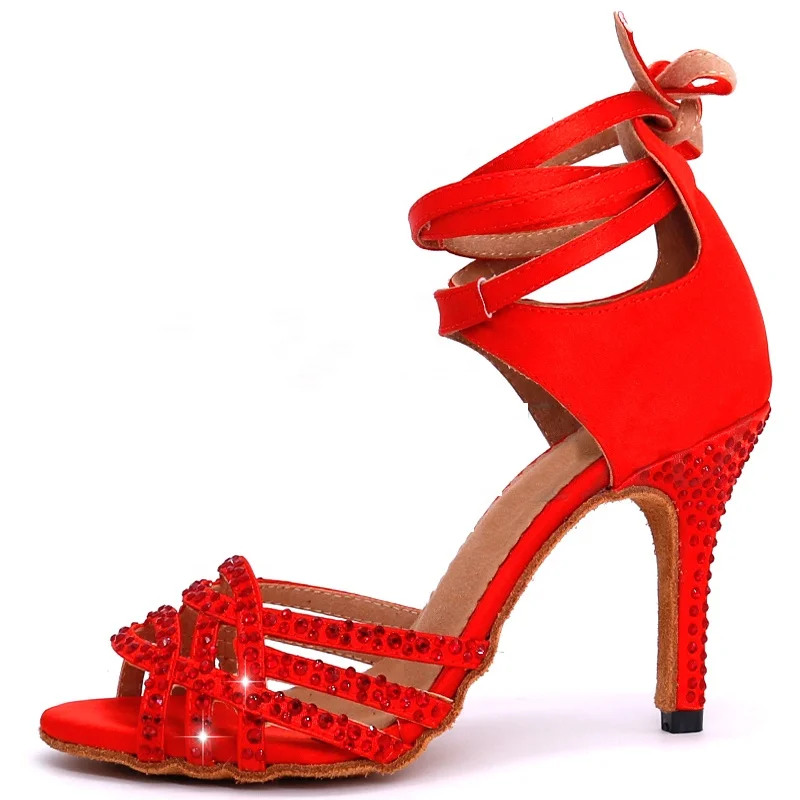 Blue Red Satin Rhinestone Latin Dance Shoes Women Ballroom 3 inch Med Heel Salsa 