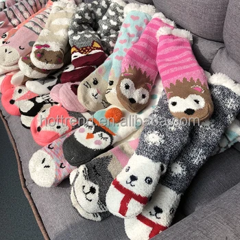 Women ladies girls knitted animal crew home slipper socks with thick sherpa lining and 3D ears non-slip grippers