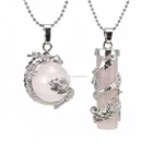 Fashion Silver Rose Quartz Dragon Wrapped Round Ball+ Cylinder Healing Point Reki 1set 2pcs Per Bag Crystal Pendant