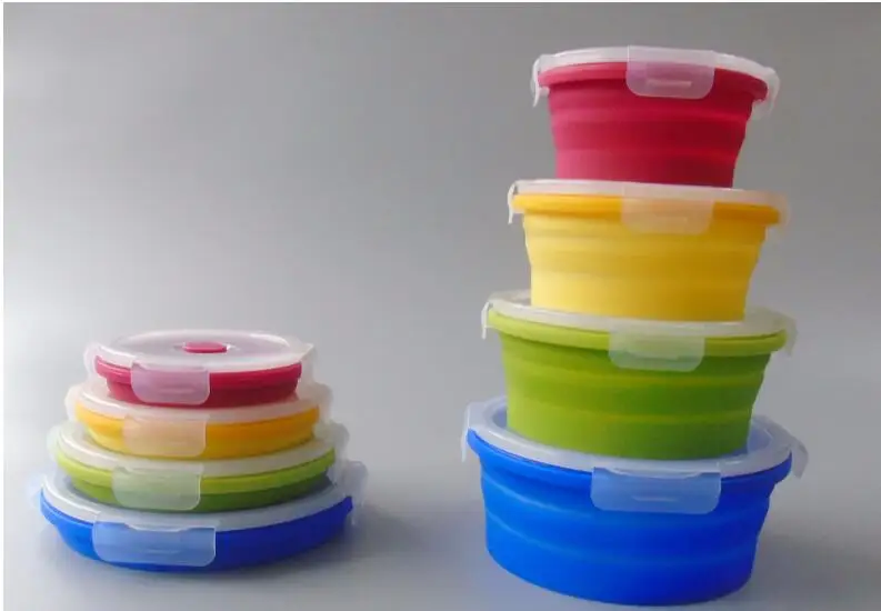 Round Silicone Collapsible Folding Food Lunch Box Set of 4 with airtight clip top lids
