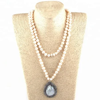 Fashion Pearl Jewelry Long Knotted Irregular Pearl Metal Lip Tassel Drop Necklace