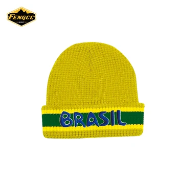 Brazil design yellow knitted beanies hats with green embroidery logo
