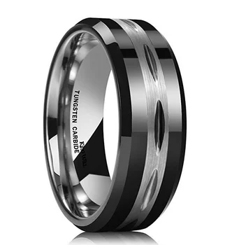 CLASSIC Mens Black 8mm Tungsten Carbide Ring Two Tone Brushed Diamond Engraved Wedding Ring