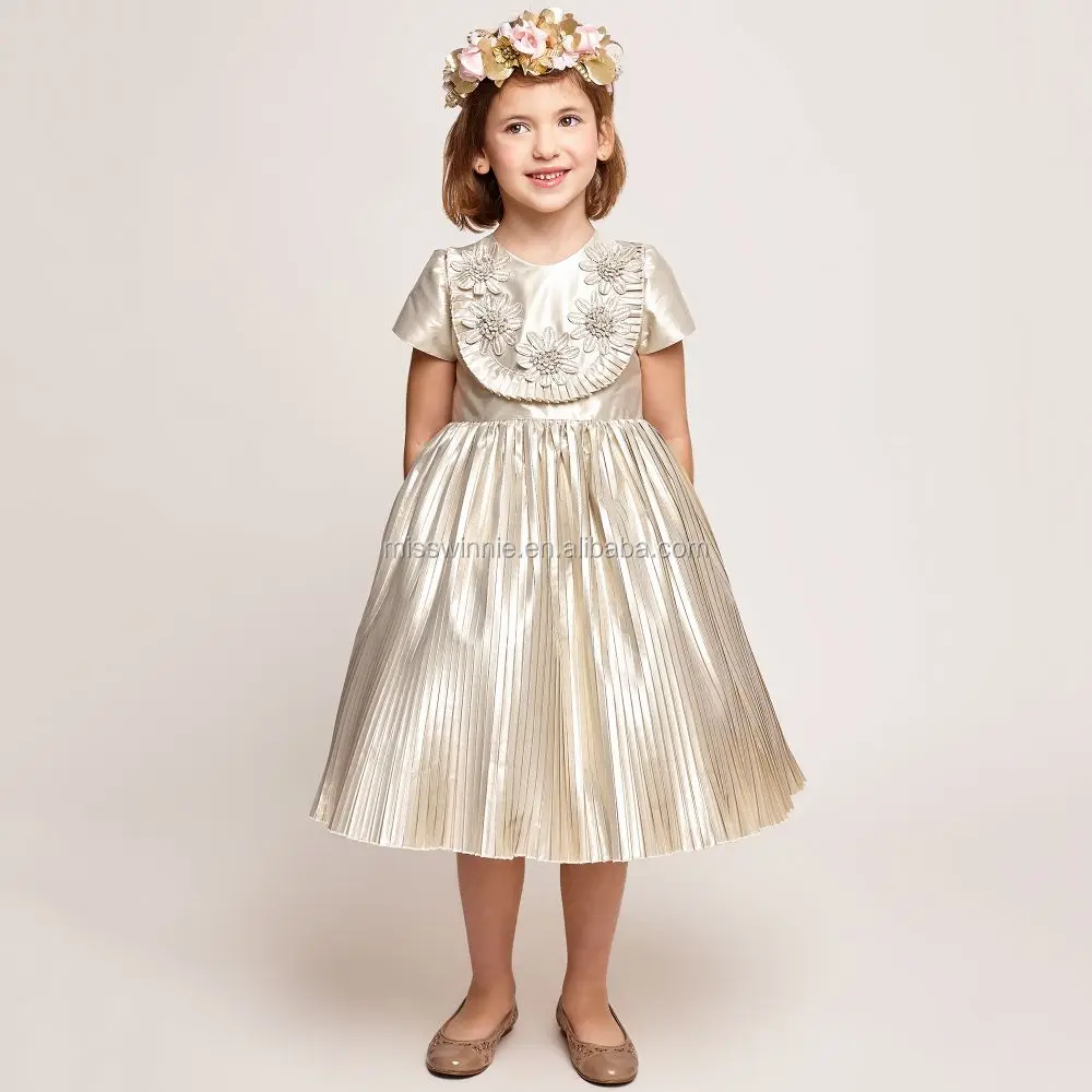 Ins Style Satin Fabric Solid Colour Kids Clothing Embroidery Floral Girls Summer Dress Short Sleeves Party Girl Dresses