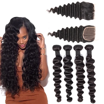3 Bundles Curly Loose Deep Wave with 4x4 Lace Closure Remy Unprocessed Virgin Brazilian Hair