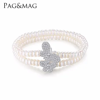Pag&Mag Hot Sale Elegant Pearl Bracelets Bulk S925 Sterling Silver Two Butterfly Pearl Bracelet Adjustable