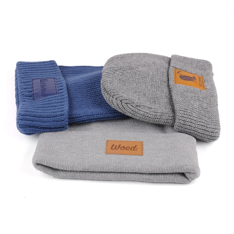 Mens Custom Beanie Leather Patch Beanie 