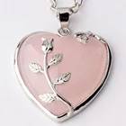 JOYA GIFT Jewelry Silver Wrapped Leaf Heart Healing Stone Pendant Amethyst Crystal Heart Pendant Necklace for Charm Jewelry