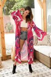 Bohemian Summer Printed Long Flare Sleeve With Side Split Maxi Kimonos 2018 Ladies