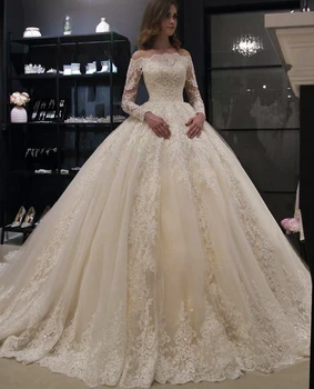 Ball Gown Off Shoulder Long Sleeve Lace Dress White Wedding Dresses Bridal Gowns Wedding Dress 2019