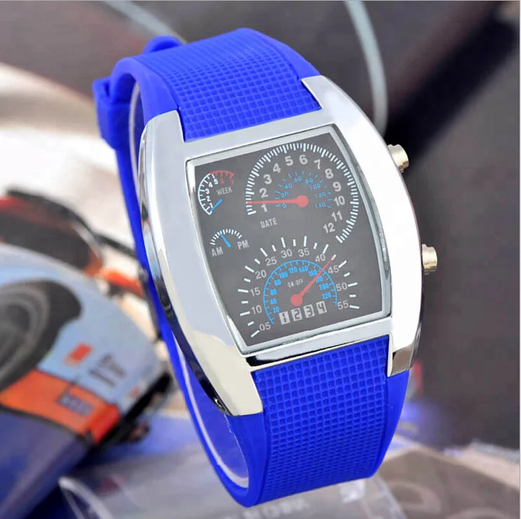 Aviation style Turbo Dial Flash LED Watch Custom Car Meter Sports Watches For Men Digital