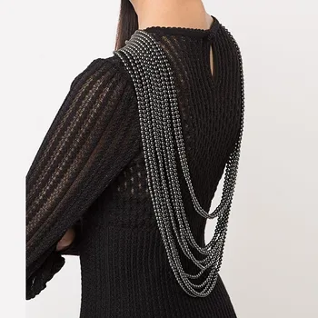 xl01495b Gothic Pearl Necklace Body Shoulder Chain Necklace Party New Black Imitation Pearls Beaded Multilayered Pearl Necklace