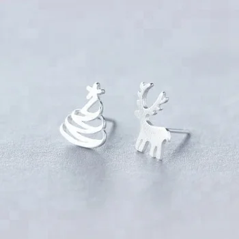 Korean Style Fashion 100% 925 Sterling Silver Fashion Cute Christmas Tree And Elk Asymmetric Stud Earrings For Women And Girls