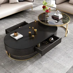 Luxury Modern nordic Adjustable Black Oval Glass wooden table tea Coffee Table For Living Room Furniture