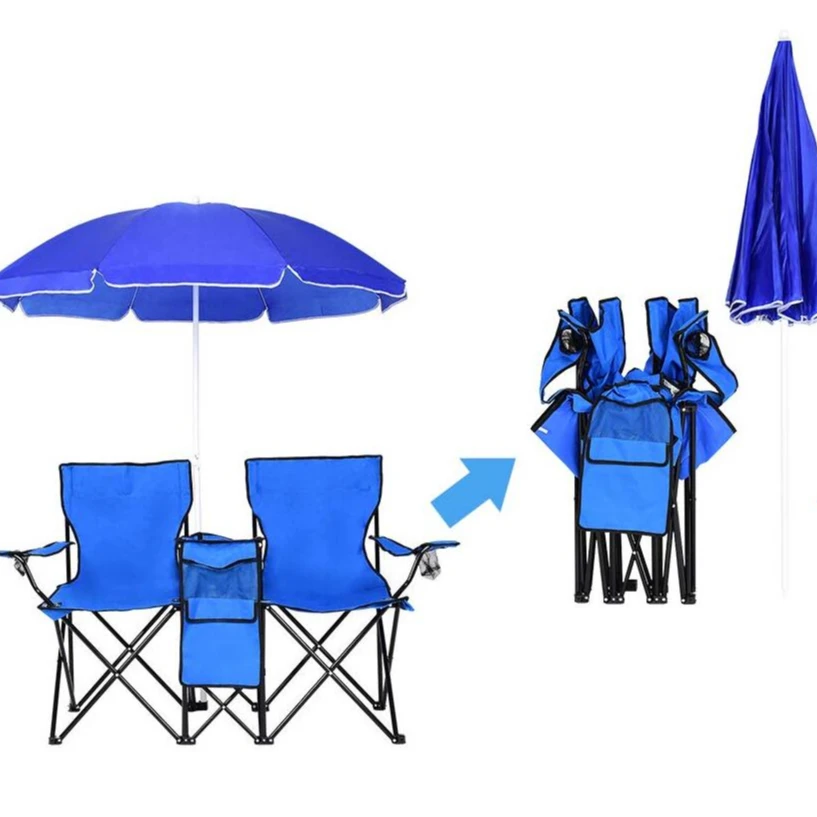 twin camping chair with cooler and umbrella