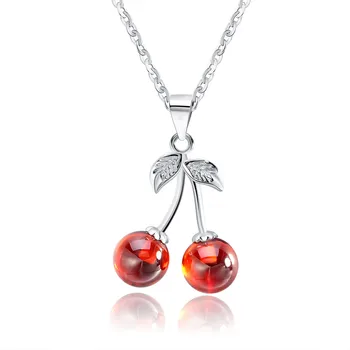 RINNTIN SN03 Crystal Garnet Gemstone Jewelry Cute Necklaces 925 Sterling Silver Fashion Cherry Pendant Necklace For Women