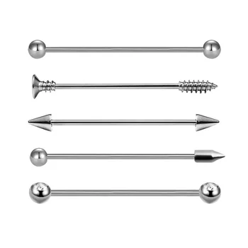 VRIUA Titanium Steel Industrial Cartilage Earrings 38mm Long Barbell Earring Silver 1.6mm Body Piercing Jewelry