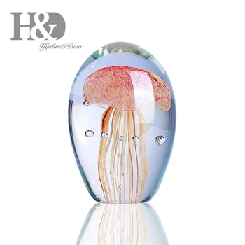 H&D Hand blown Large Jellyfish Figurine Home Decor Sea Animal glass Paperweight Glow in the Dark Craft Collection Birthday Gift